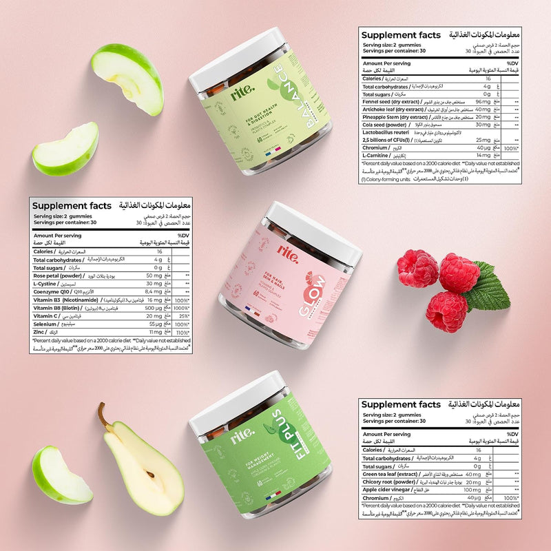 Rite Beauty Trio Pack, Sugar Free Gummies, Probiotics, Gut Health, Digestion, Weight Management, Faster Hair Growth and Stronger Nails, Vegan, 3 Pack of 60 Gummies