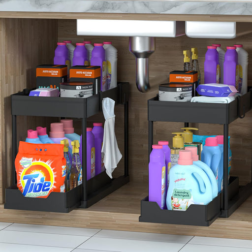 MEAFBIRD Abs 2 Pack Under Sink Organizer Tier Bathroom Cabinet Organizer With Sliding Shelf Basket, Multi-Purpose Organizers And Storage For Kitchen - black / black