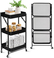 SKY-TOUCH 3 Tier trolley organizer,Foldable Metal Rolling Utility Cart Organizer, Multipurpose Organizer Trolley with Casters for Kitchen, Bedroom, Bathroom, Office, Laundry Room and Garage Black - Black