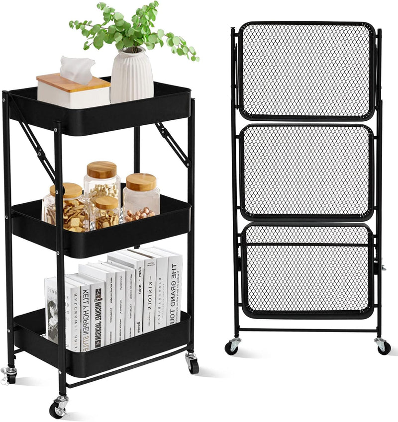 SKY-TOUCH 3 Tier trolley organizer,Foldable Metal Rolling Utility Cart Organizer, Multipurpose Organizer Trolley with Casters for Kitchen, Bedroom, Bathroom, Office, Laundry Room and Garage Black - Black