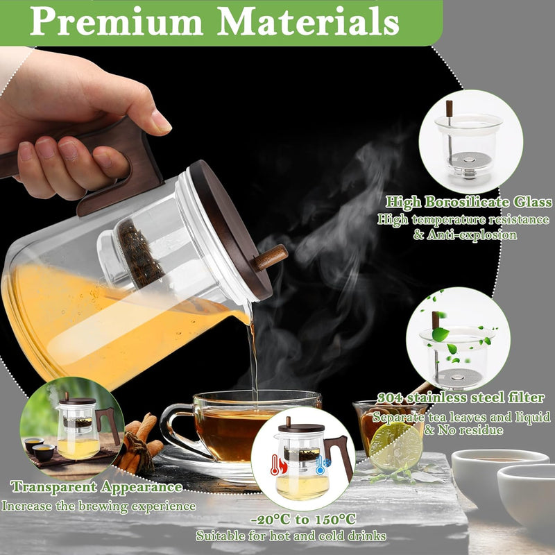800ML Glass Teapot with Infuser Removable, Enchanti Tea Pot with Wooden Handle, 3 in 1 Water Separation Tea Infuser Pot, Press Control Magic Teapot for Blooming Tea and Loose T/ea
