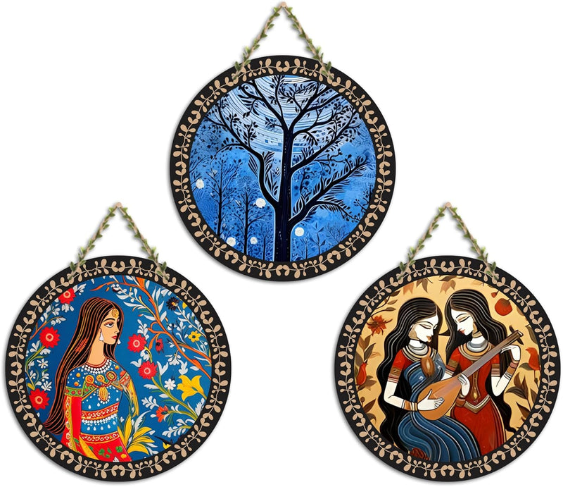Artvibes Rajasthani Culture Wooden Wall Hanger for Home | Office | Living Room | Gift | Modern Decoration Items | Kitchen Wall Decor | Home Decor Hanging Items (WH_5012N), Set of 3