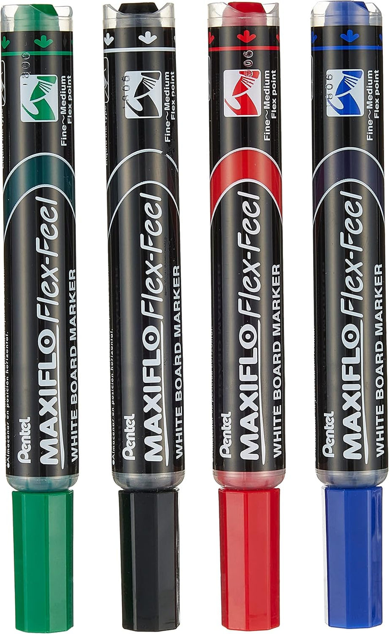 Pentel Maxiflo Flex-Feel White Board Marker Wallet 4-Pieces, Assorted