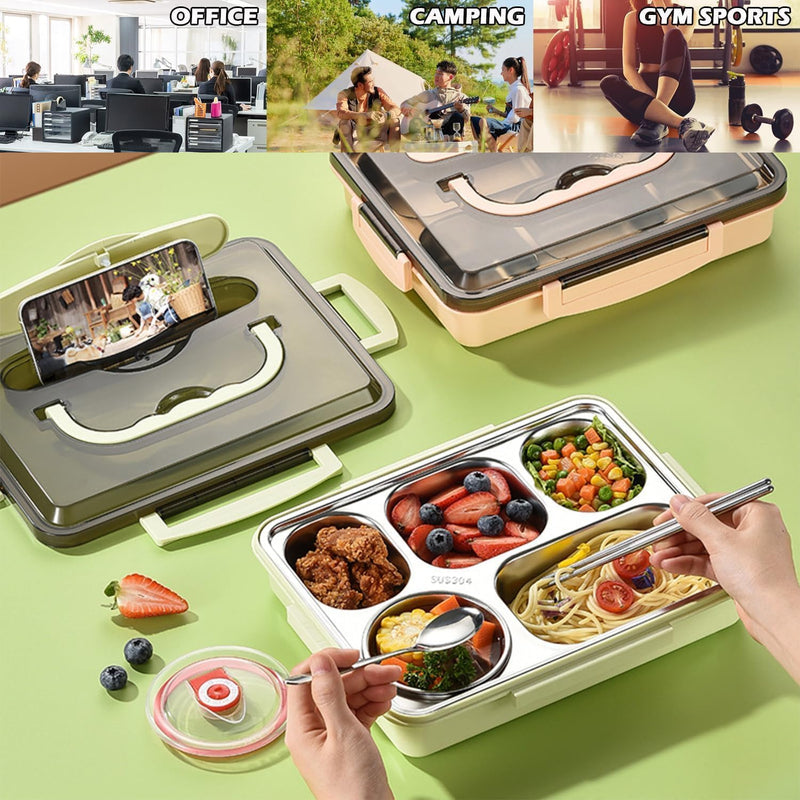 Stainless Steel Bento Box 5 Compartments Lunch Box for Kids Leak Proof Food Container for Microwave Dishwasher Safe (Green)