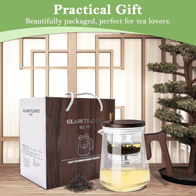 800ML Glass Teapot with Infuser Removable, Enchanti Tea Pot with Wooden Handle, 3 in 1 Water Separation Tea Infuser Pot, Press Control Magic Teapot for Blooming Tea and Loose T/ea