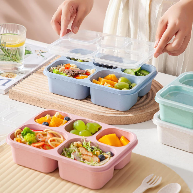 4 Pcs Wheat Straw PP 5-Compartment Bento Lunch Box, Reusable Snack Box Container for Adults and Kids, Food Storage Box for School, Work, Travel, Meal Prep Containers