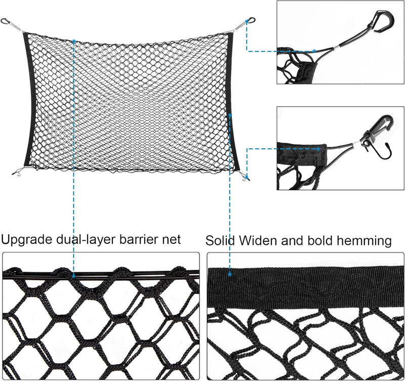 Dog Car Barrier SUV Pet Net + Free Metal Hooks, Dual Layer Pet Travel Safety Barrier Net , Easy to Install and Remove, Adjustable Car Dog Divider for Trucks, SUV, Vans, Car Net Organizer Storage Bag