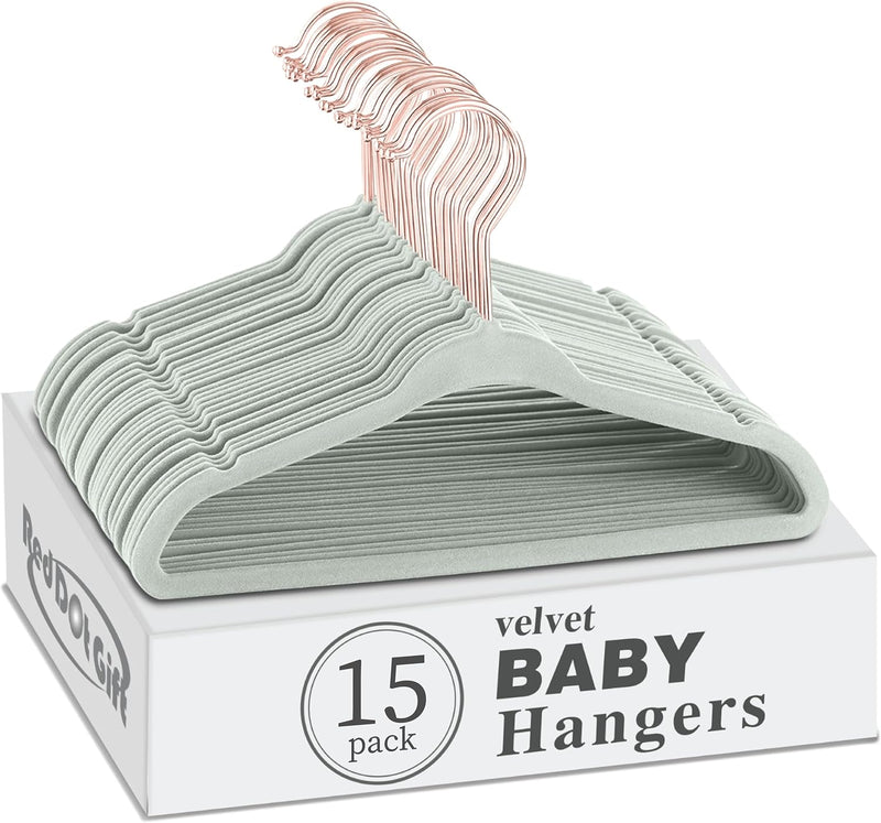 Red Dot Gift® 15-Pack Baby Velvet Hangers 11Inch - Nursery Clothes Hangers Non Slip Toddler Hangers, 360 Chrome Swivel Hook (Pink)