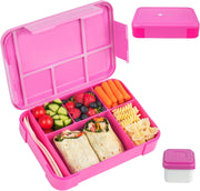Mumfactory Lunch Box For Kids School, Bento Lunch Box Kids Adults, Leakproof with 5 Compartments and Cutlery Set, 1330 ML (Yellow-Orange) - Pink