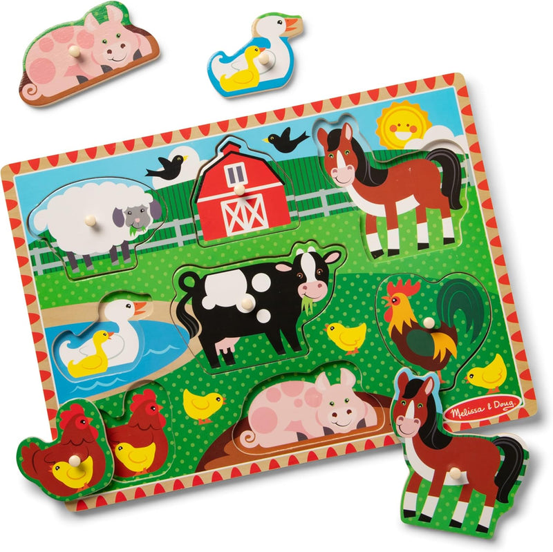 Melissa & Doug Farm Peg Puzzle 8-Piece Wooden Peg Puzzle Featuring Farm Animals with Pictures Beneath, Easy-Grasp Pegs, Promotes Fine Motor Skills & Problem Solving for Kids Ages 2+ - 8 kawaÅkÃ³w (8x12x1 cali) Farm