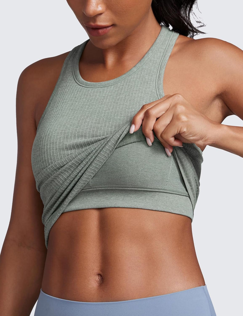 CRZ YOGA Womens Seamless Ribbed Longline High Neck Sports Bra - Racerback Padded Slim Fit Crop Tank Top with Built in Bra