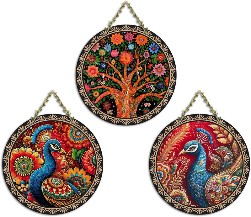 Artvibes Rajasthani Culture Wooden Wall Hanger for Home | Office | Living Room | Gift | Modern Decoration Items | Kitchen Wall Decor | Home Decor Hanging Items (WH_5012N), Set of 3