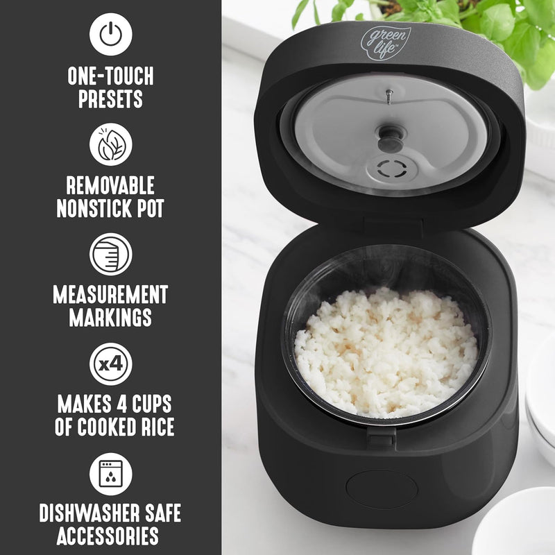 GreenLife Healthy Ceramic Nonstick 4-Cup Rice Oats and Grains Cooker, PFAS-Free, Dishwasher Safe Parts, Black