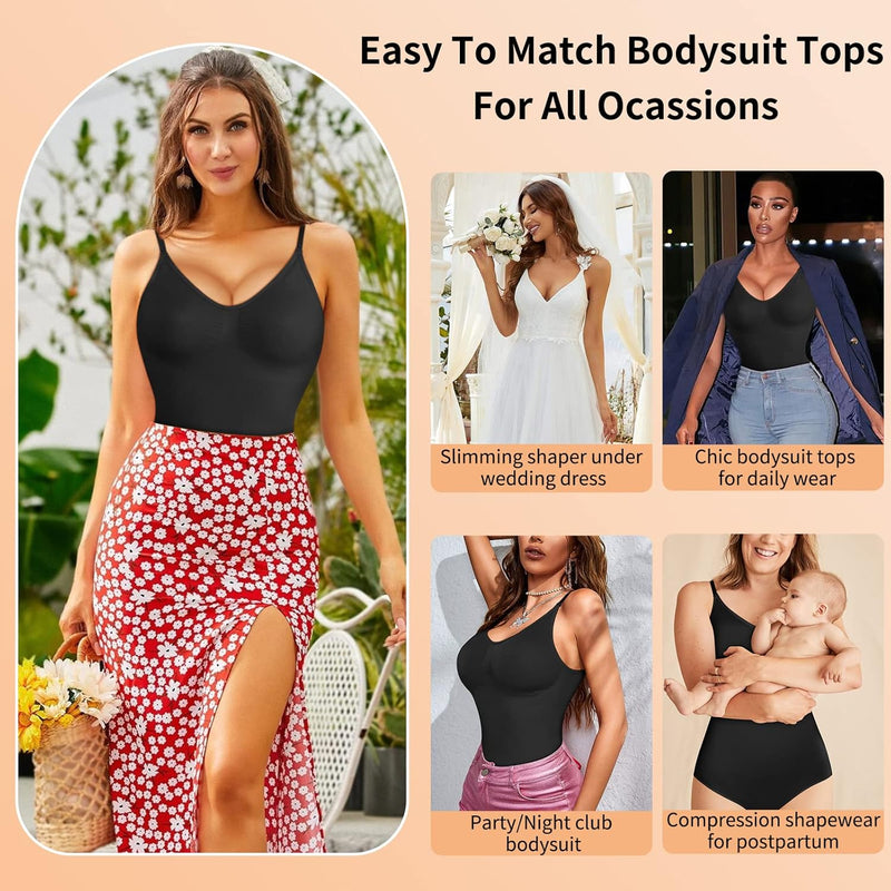 AOSBOEI Women Bodysuit Tops Shapewear Seamless Tummy Control Slimming Waist V Neck Sculpting Jumpsuits Body Shaper, Black, M/L