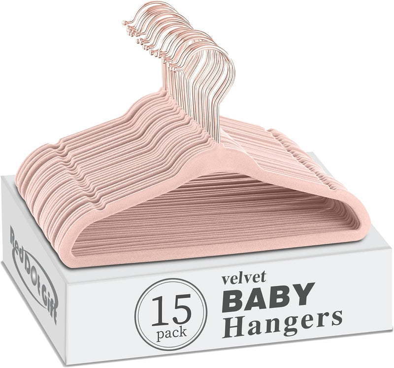 Red Dot Gift® 15-Pack Baby Velvet Hangers 11Inch - Nursery Clothes Hangers Non Slip Toddler Hangers, 360 Chrome Swivel Hook (Pink)