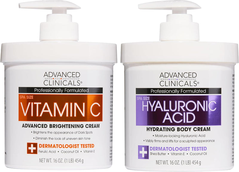 Collagen Peptides Body Lotion & Face Moisturizer Peptide Infused Collagen Lotion For Women & Men Helps Improve Look Of Crepey Skin, Wrinkles, & Uneven Dry Skin Texture, 16 Ounce - 450 g (Pack of 2) Vitamin C + Hyaluronic Acid Cream Bundle