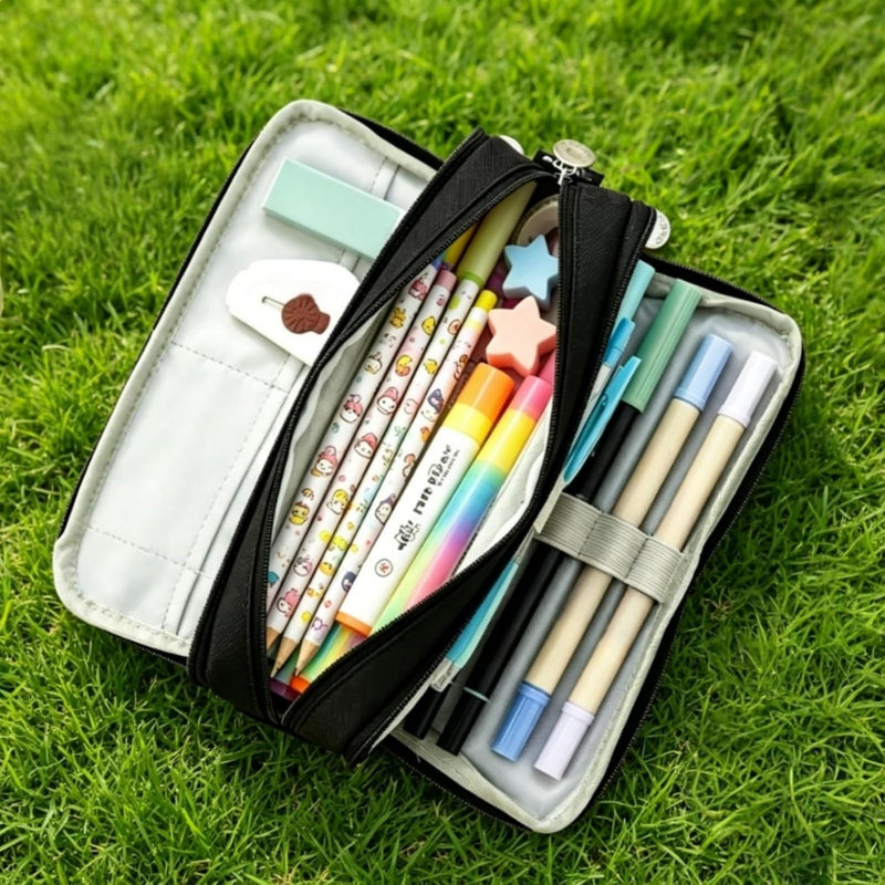 Large Capacity Pencil Case with 3 Compartments, Multi-Use Pencil Pouch for School, College, Office Organizer for Pens, Markers, Art Supplies (Black)