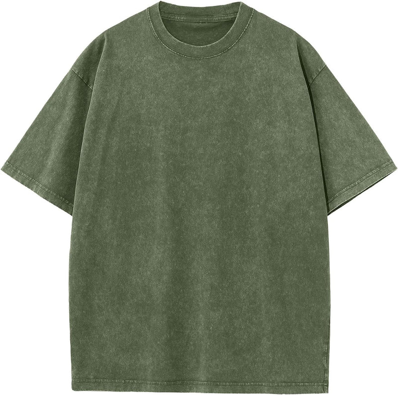Mens Cotton T-Shirt, Oversized, Unisex, Short-Sleeved, Casual, Loose Fit, Washed, Solid Color - Armygreen