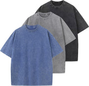 Mens Cotton T-Shirt, Oversized, Unisex, Short-Sleeved, Casual, Loose Fit, Washed, Solid Color - A-blue+grey+black