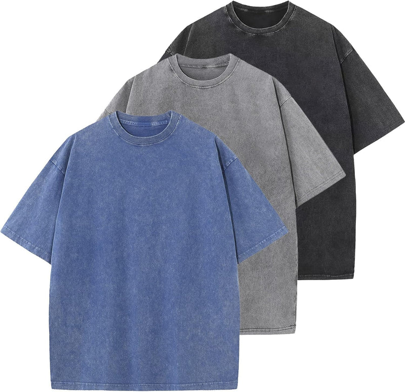 Mens Cotton T-Shirt, Oversized, Unisex, Short-Sleeved, Casual, Loose Fit, Washed, Solid Color - A-blue+grey+black