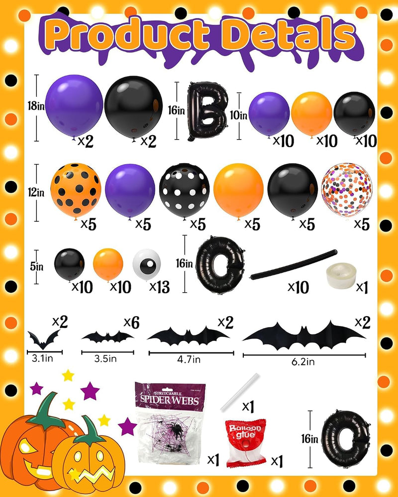 Halloween Decor Balloon, 126 PCS Halloween Balloon Garland Arch Kit, Eye Balloons with Spider Web, Bats, Purple, Orange, Black Balloons for Halloweens Birthday Party Supplies Decorations