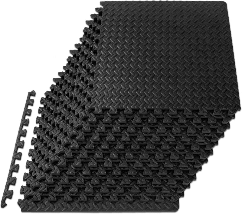 Exercise Puzzle Mat, EVA Foam Interlocking Tiles Protective and Cushion Flooring for Gym Equipment, Exercise and Play Area - Black - 1/2 Inch - 48 Sq Ft - 12 Tiles