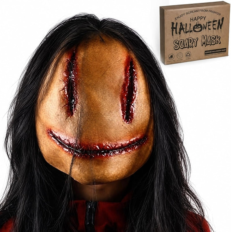 Creepy Halloween Mask with Hair for Adults, Horror Devil Mask Natural Latex Stitching Female Men Ghost Mask for Theme Party, Cosplay, Horror Challenge Games