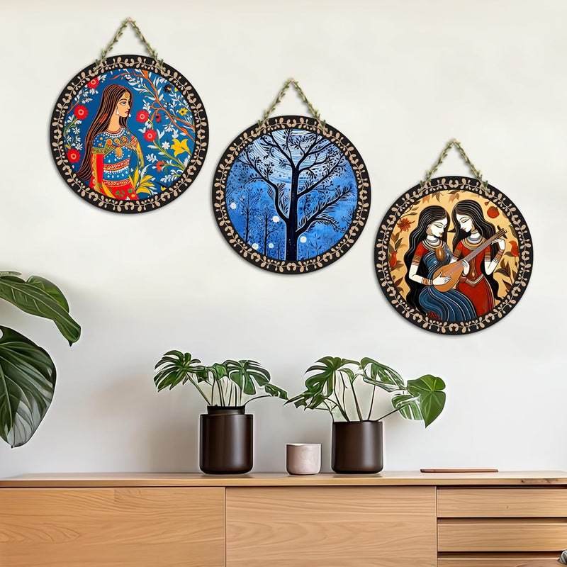 Artvibes Rajasthani Culture Wooden Wall Hanger for Home | Office | Living Room | Gift | Modern Decoration Items | Kitchen Wall Decor | Home Decor Hanging Items (WH_5012N), Set of 3