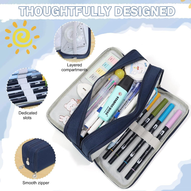 Cicimelon Pencil Case Large Capacity Pouch 3 Compartments Bag Gift For Students Girls Adults Women (Navy)