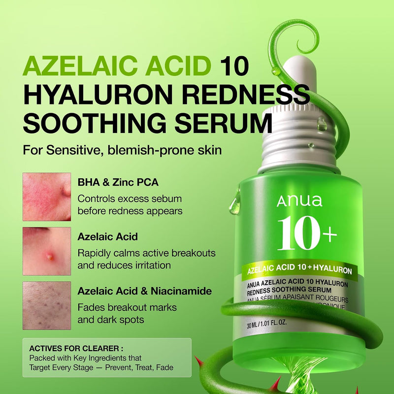 Azelaic Acid 10 Hyaluron Redness Soothing Serum, Facial Serum for Sensitive skin, Hyaluronic Acid, Niacinamide, Spot Care, Natural Color, Vegan, Korean Skincare (30ml/ 1.01 fl oz.)