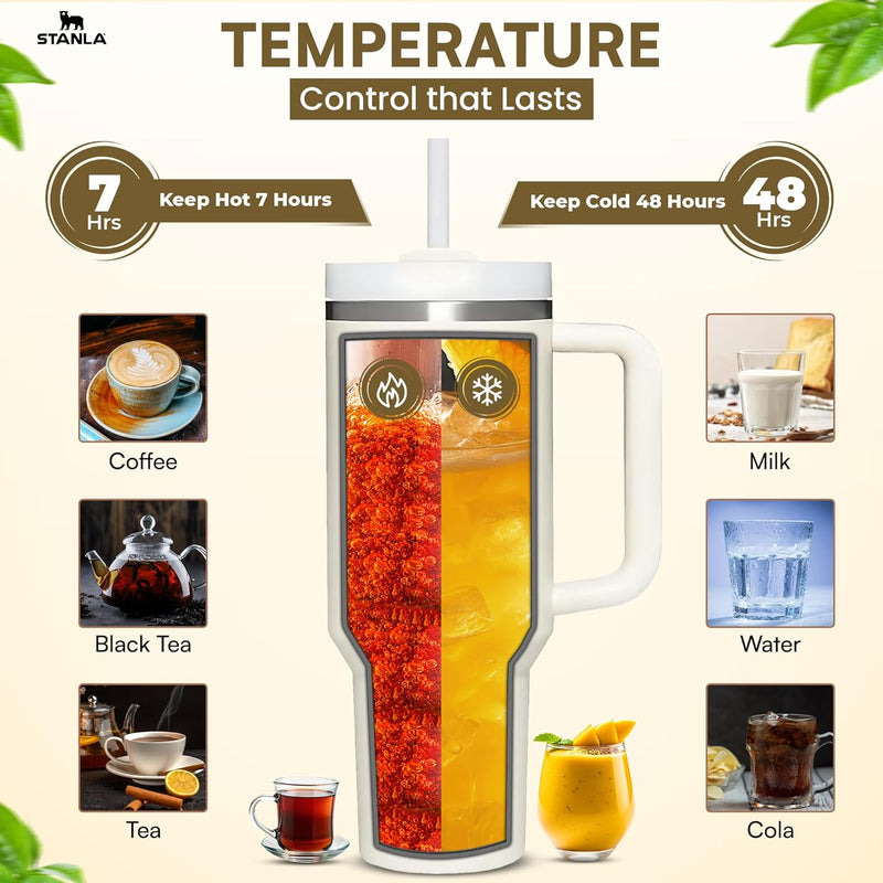 STANLA 40 oz Tumbler with Lid and Straw | Travel Mug for Iced Tea & Coffee | 100% Leakproof, Stainless Steel Insulated Tumbler for School,Office & Gym | Cup Holder Friendly Base (Cream)