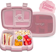 Kids Leak-Proof, 5-Compartment Bento-Style Kids Lunch Box - Ideal Portion Sizes for Ages 3 to 7, BPA-Free, Dishwasher Safe, Food-Safe Materials (Purple) - Glitter Edition - Petal Pink