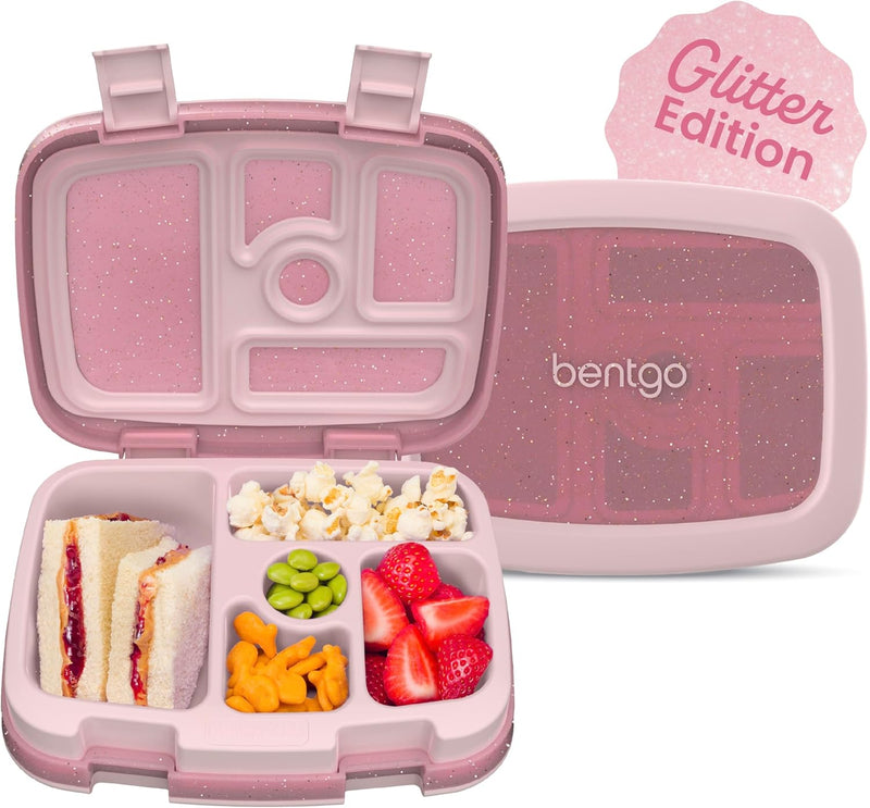 Kids Leak-Proof, 5-Compartment Bento-Style Kids Lunch Box - Ideal Portion Sizes for Ages 3 to 7, BPA-Free, Dishwasher Safe, Food-Safe Materials (Purple) - Glitter Edition - Petal Pink