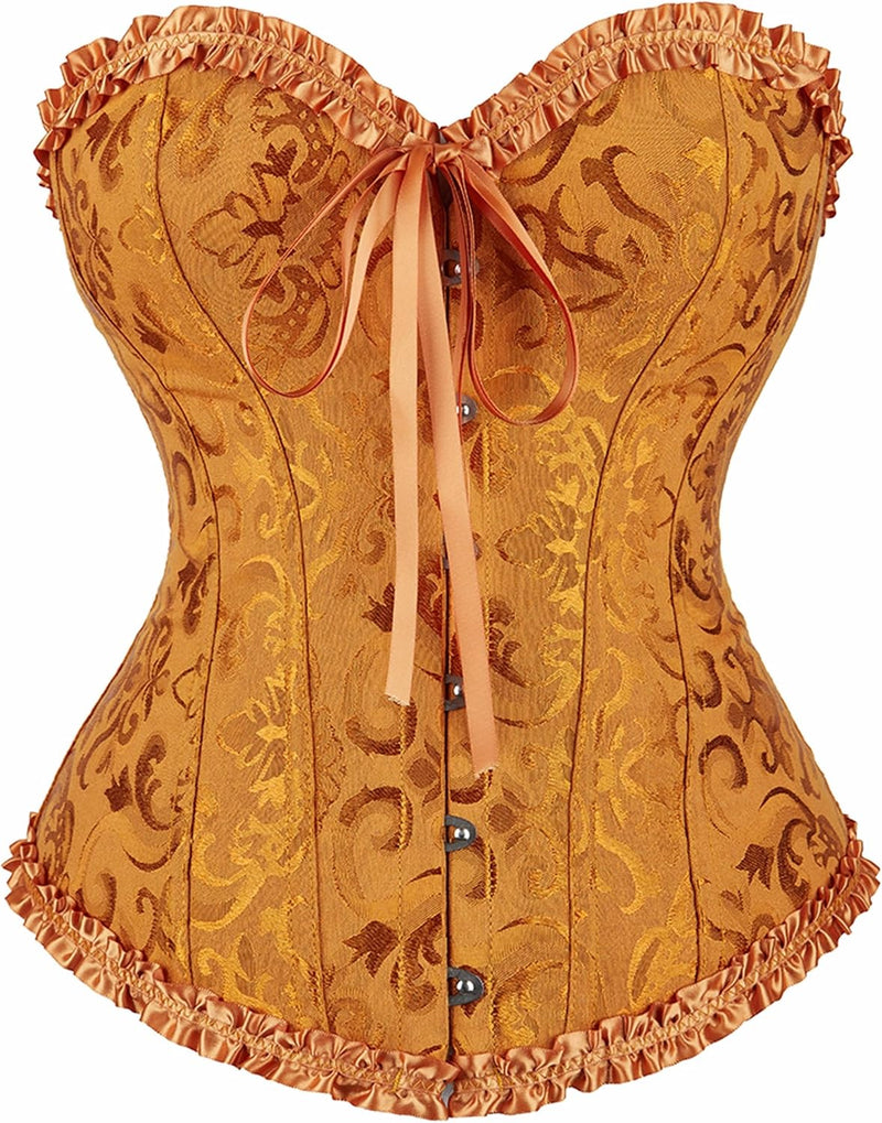 Corsets for Women Renaissance Floral Lace up Boned Overbust Corset Bustier Shapewear - Gold