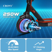 Crony M365 Foldable Electric Scooter, Lightweight Commuter Scooter for Adults Kids, 250W Motor, Smart App Control, 25-45KM/H Max Speed, 10-25KM Range, Red