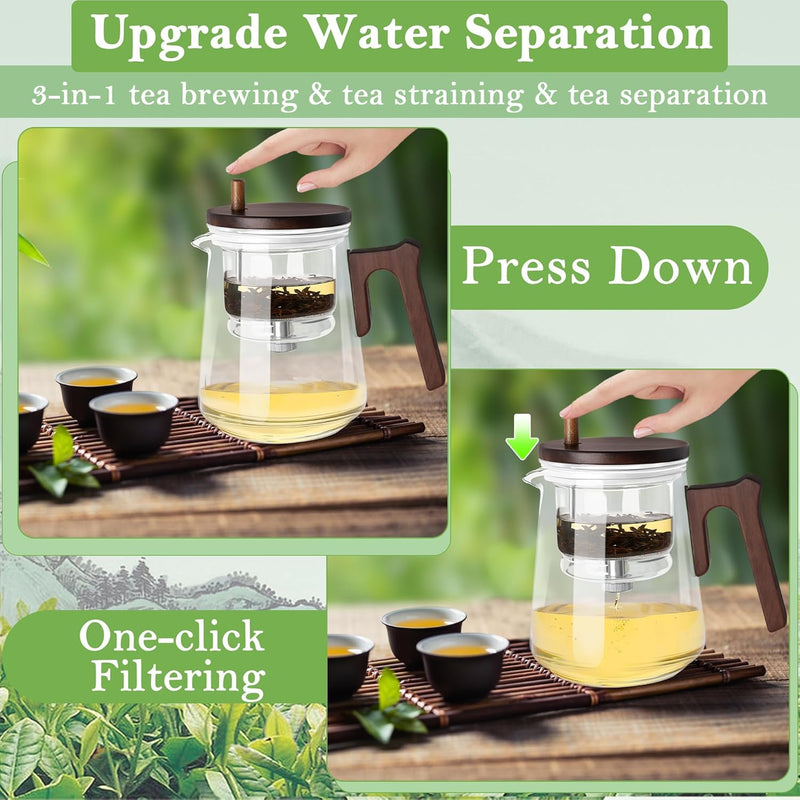 800ML Glass Teapot with Infuser Removable, Enchanti Tea Pot with Wooden Handle, 3 in 1 Water Separation Tea Infuser Pot, Press Control Magic Teapot for Blooming Tea and Loose T/ea