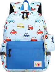 Preschool Kindergarten Backpack, Little Kid Backpacks for Boys and Girls with Chest Strap - Colorful Cars Light Blue