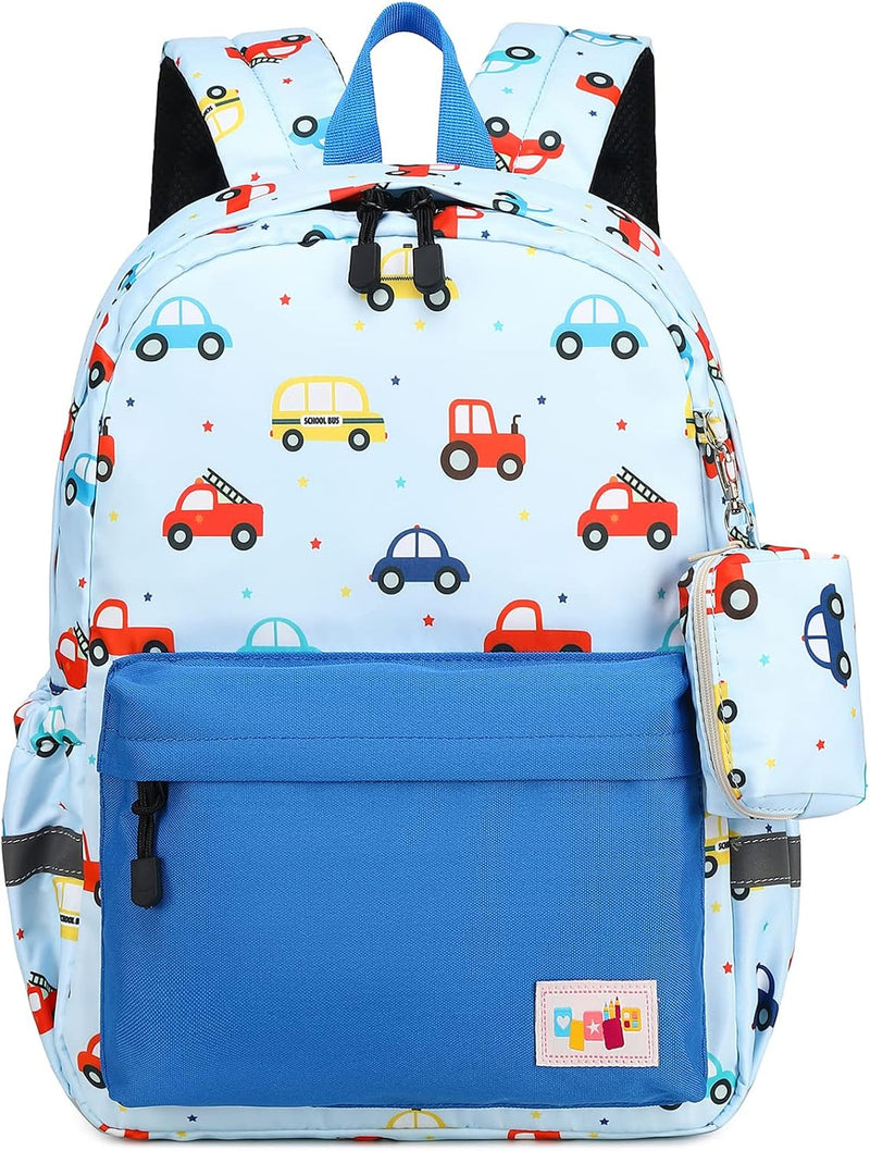 Preschool Kindergarten Backpack, Little Kid Backpacks for Boys and Girls with Chest Strap - Colorful Cars Light Blue