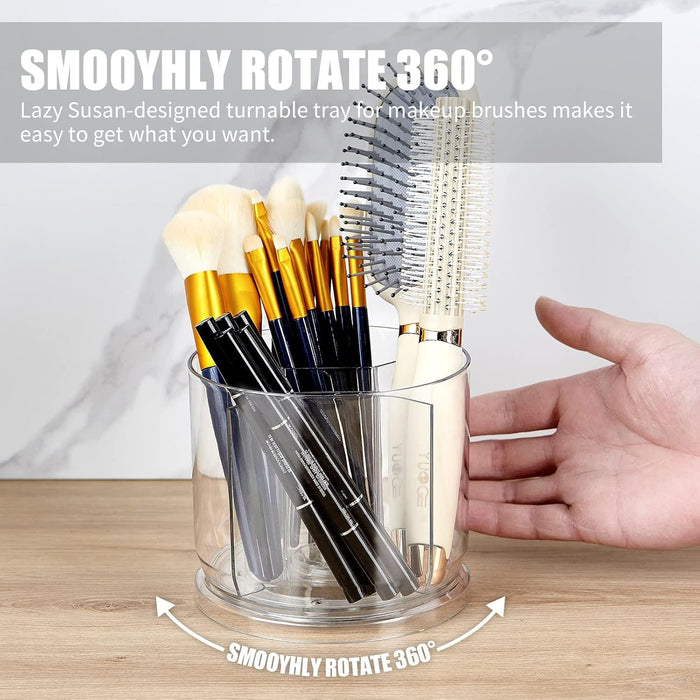 KASTWAVE Makeup Brush Holder Organizer, 360 Rotating Makeup Brush Holder Organizer, Dustproof Cosmetic Brush Storage Organizer, Round Make up Brush Stand with 5 Slots, for Cosmestics (Clear)