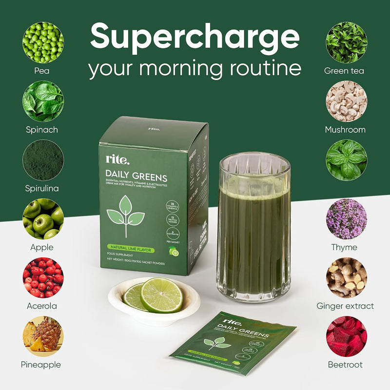 Daily Greens Drink Mix (New Recipe) I 40 Advanced Greens, Superfoods and Electrolytes, Vegan & Gluten Free, No Added Sugar, Advanced Natural Formula, Lemon flavor (Pack of 15)