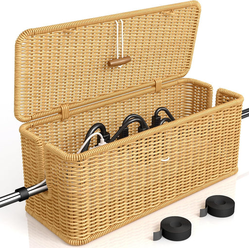 Cable Management Box, Handmade Rattan Organizer, 2 Open Slots Cords Hider Under Desk Cord Organizer Management, For Computer Router Usb Hub & Power Strip