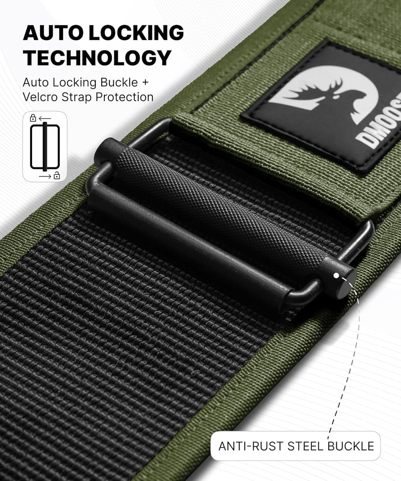DMoose Fitness Weight Lifting Belt - Auto Locking 4" Nylon Gym Belt with Adjustable Buckle - Provides Lumbar Support & Stability for Olympic Training, WOD & Cross Training for Men & Women