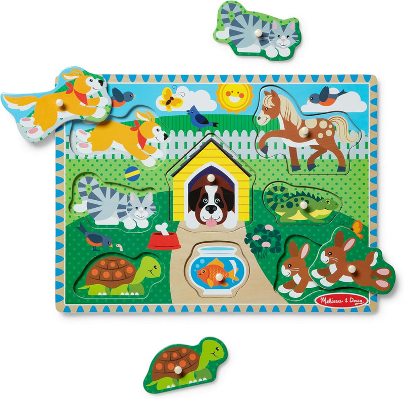 Melissa & Doug Farm Peg Puzzle 8-Piece Wooden Peg Puzzle Featuring Farm Animals with Pictures Beneath, Easy-Grasp Pegs, Promotes Fine Motor Skills & Problem Solving for Kids Ages 2+ - 11.75 x 8.75 x 0.7 Pets