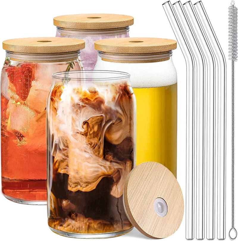 Nyganmelloz 4Pcs Drinking Glasses with Bamboo Lids and Glass Straw Set, 16oz Can Shaped Drinking Glass Cups, Beer Glasses, Iced Coffee Glasses, Cute Tumbler Cup, Ideal for Whiskey, Cocktail, Wine
