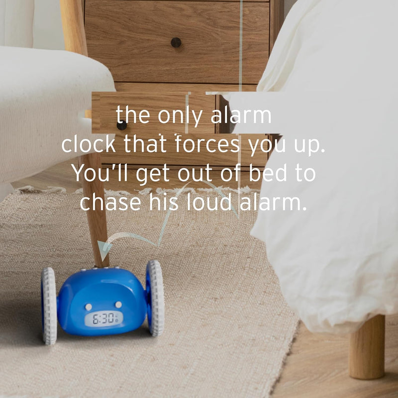 Loud Alarm Clock For Heavy Sleepers on Wheels (Adults Kids Teens Bedroom) Run Away Moving Annoying Jump Roll 1-Time Snooze, Wake Up Energized, Digital- Funny Gift (Blue) - Blue