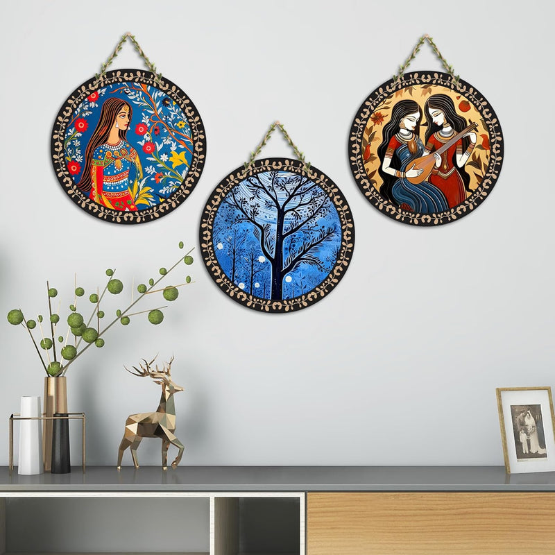 Artvibes Rajasthani Culture Wooden Wall Hanger for Home | Office | Living Room | Gift | Modern Decoration Items | Kitchen Wall Decor | Home Decor Hanging Items (WH_5012N), Set of 3