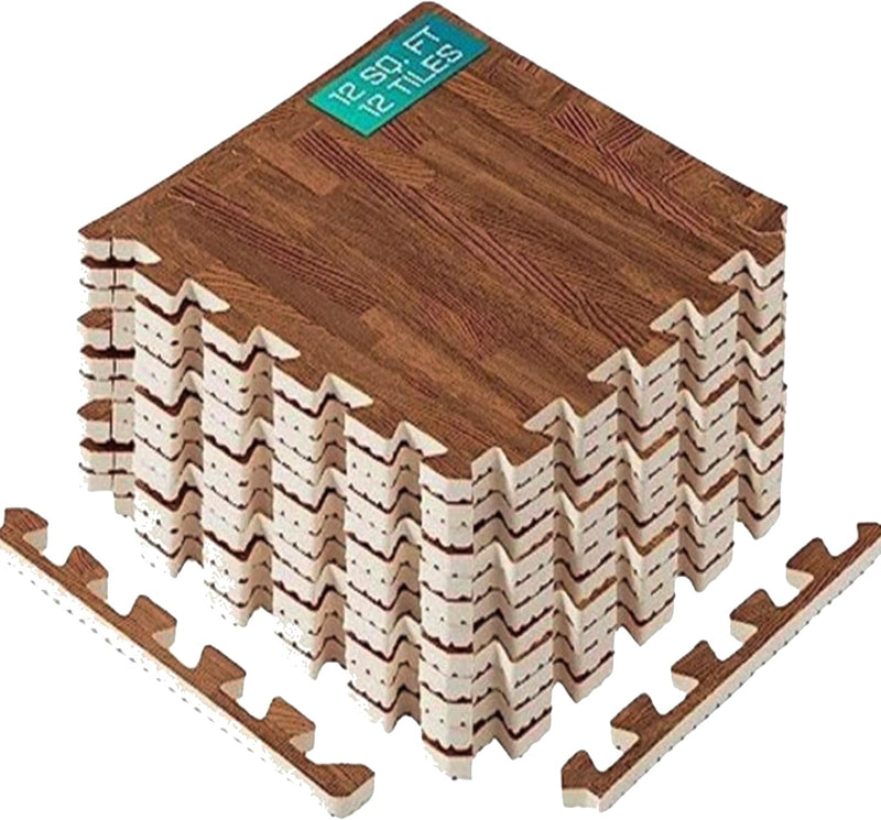Interlocking Foam Mats for Gym Exercise Equipment (30cx30cm Each Tile - Pack of 12 Tiles For 1 Square Meter) Eva Interlocking Floor Tiles - E. Oak Wood Dark - 12 Tiles (12 Square Feet)