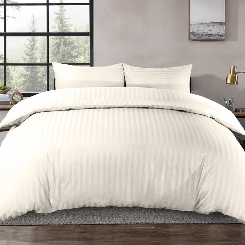 100% Cotton Luxury Hotel Quality Sateen Duvet Cover Set, 2cm Satin Stripe, Hidden Button Closure, Ultra-Soft Sateen Weave, Breathable & Hypoallergenic (White, Queen 240x220cm) - Cream/Ivory Twin/Single 160x210cm