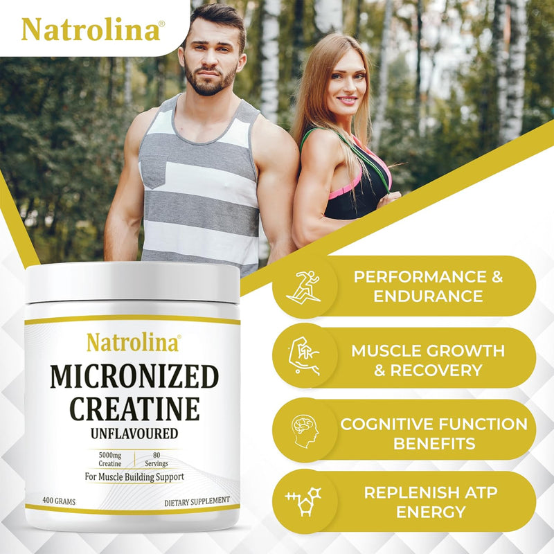 Natrolina 100% Micronized Creatine Monohydrate Powder (Unflavoured)-400g/80 Servings Premium Muscle Building Support, Boost Energy & Performance