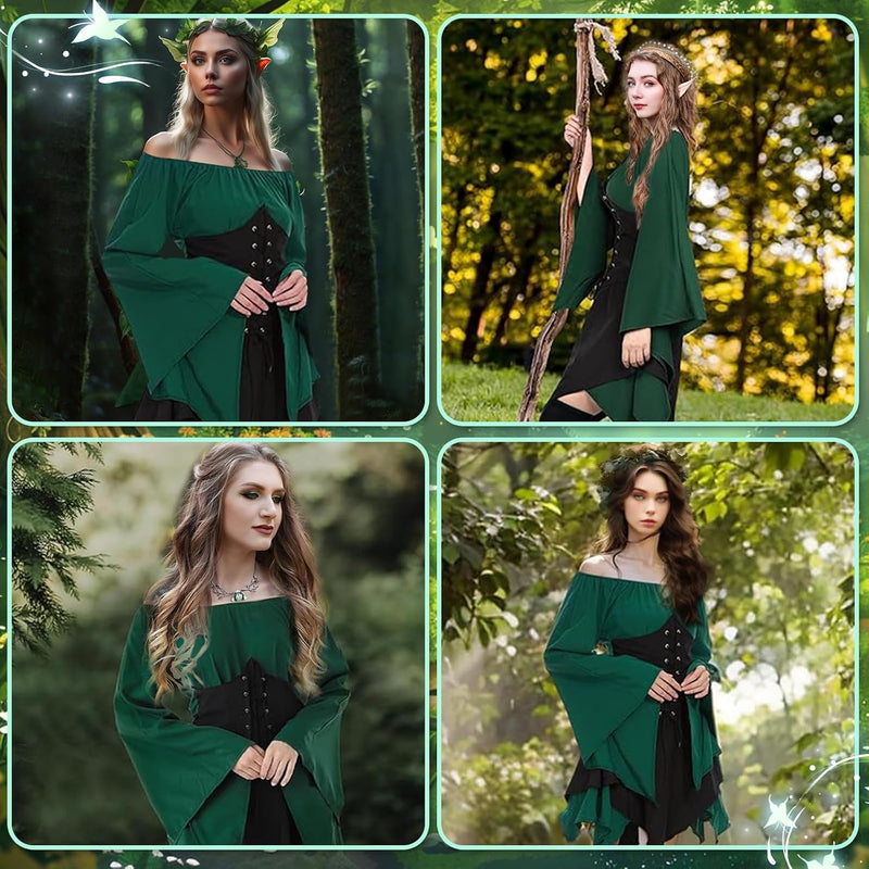 Elf Renaissance Medieval Dress, Fairy Cosplay Set, Traditional Irish Costume, Victorian Flared Sleeve Corset Skirt, Goth Outfit With Ears, Tattoo Stickers, Overknee Socks, Head Rings, Ear Clip